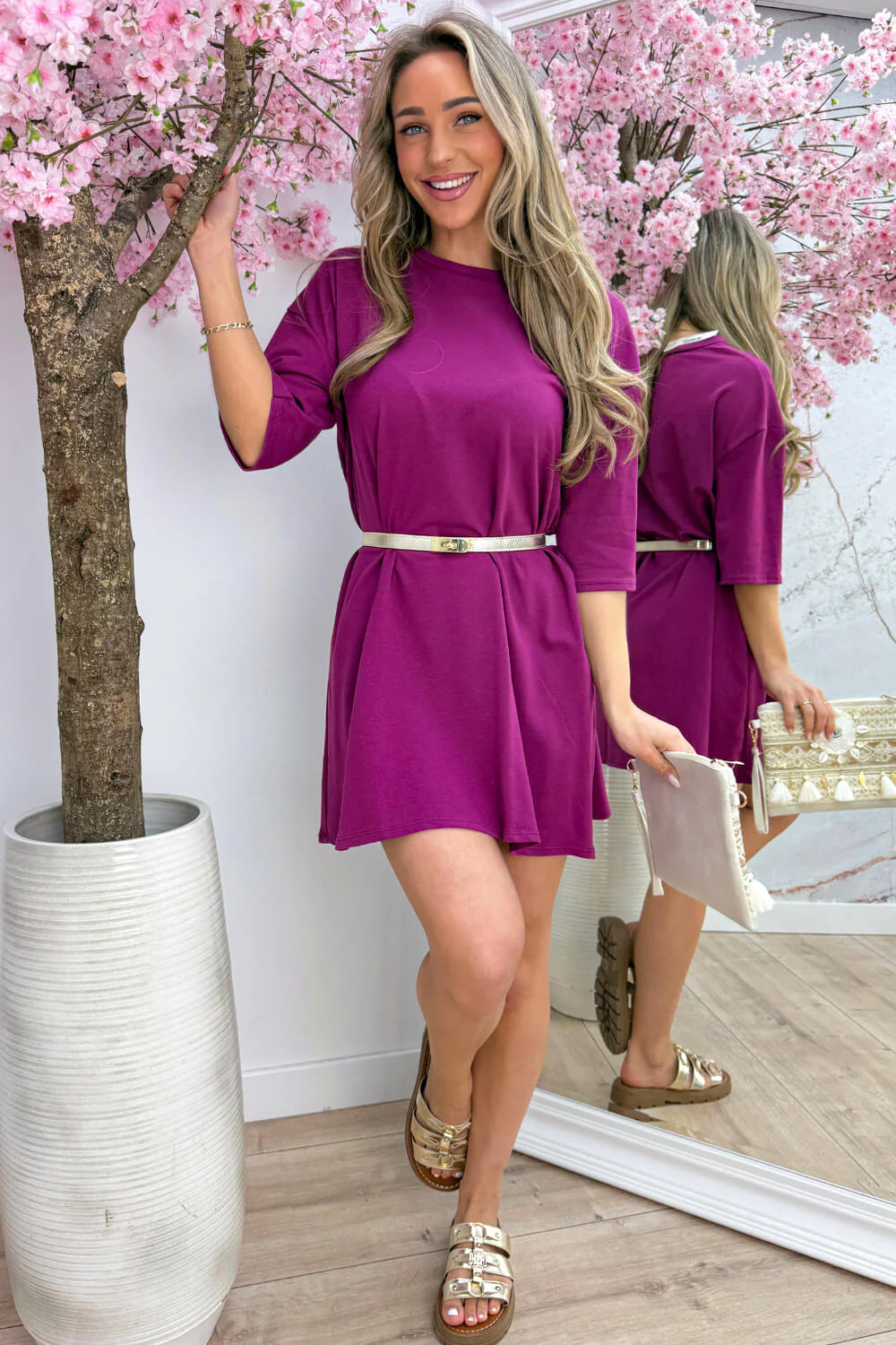 Basic T-shirt dress - Berry purple - Image 2