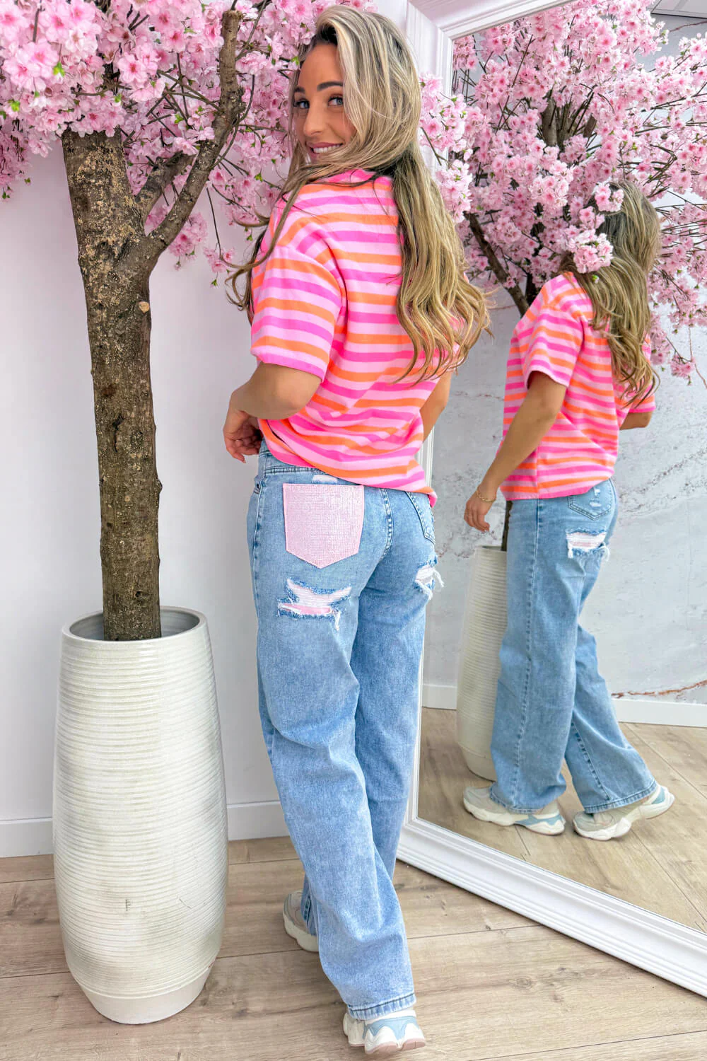 Bright stripes cotton T-shirt - Lollypop roze - Image 4