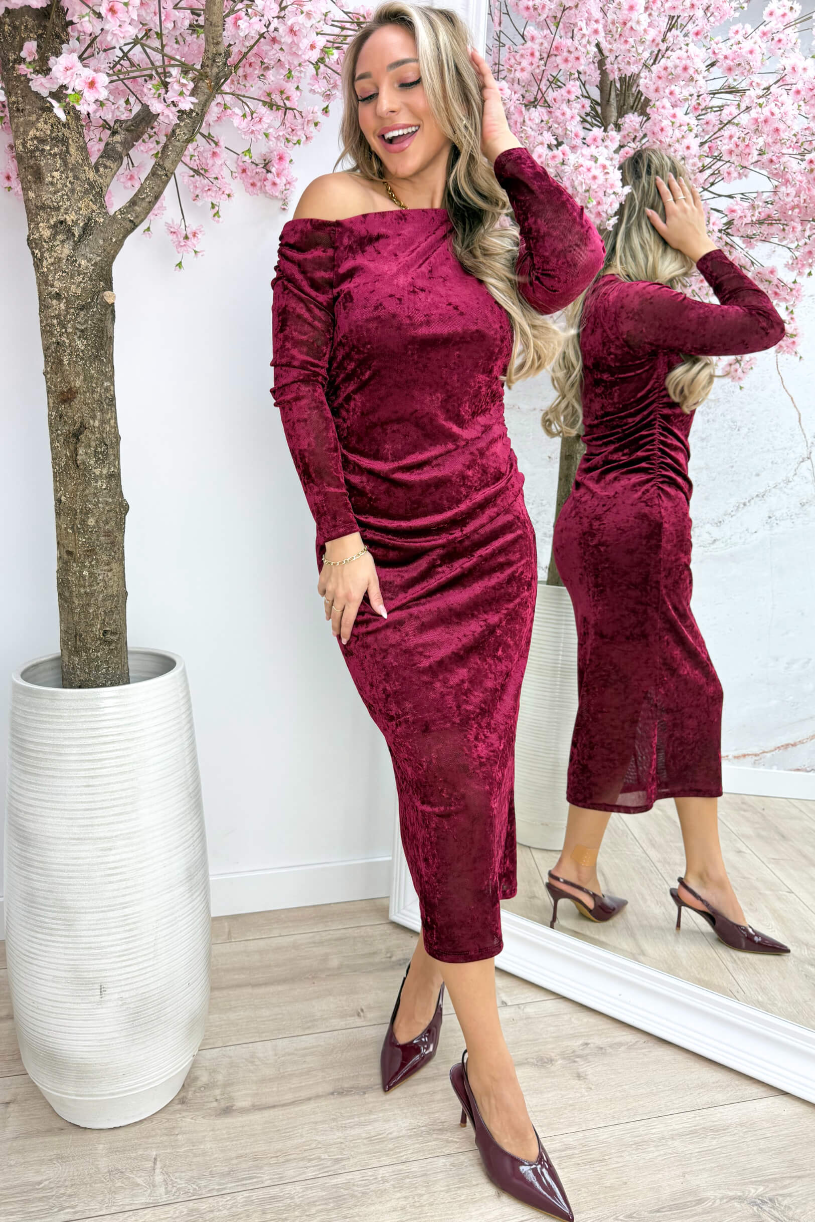 Chic velvet dress - Bordeaux - Image 3