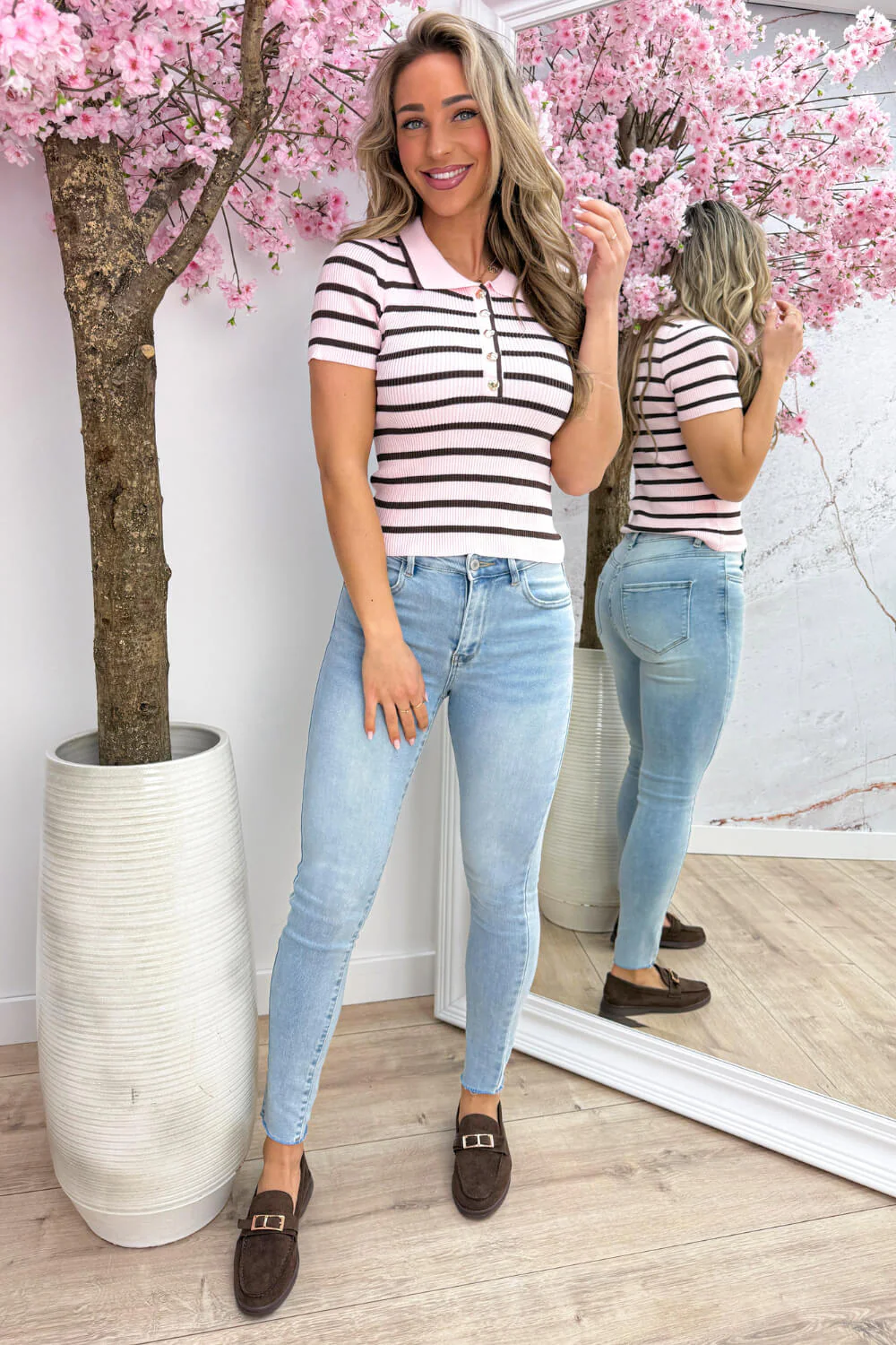 Gold button striped topje - Bruin - Image 3