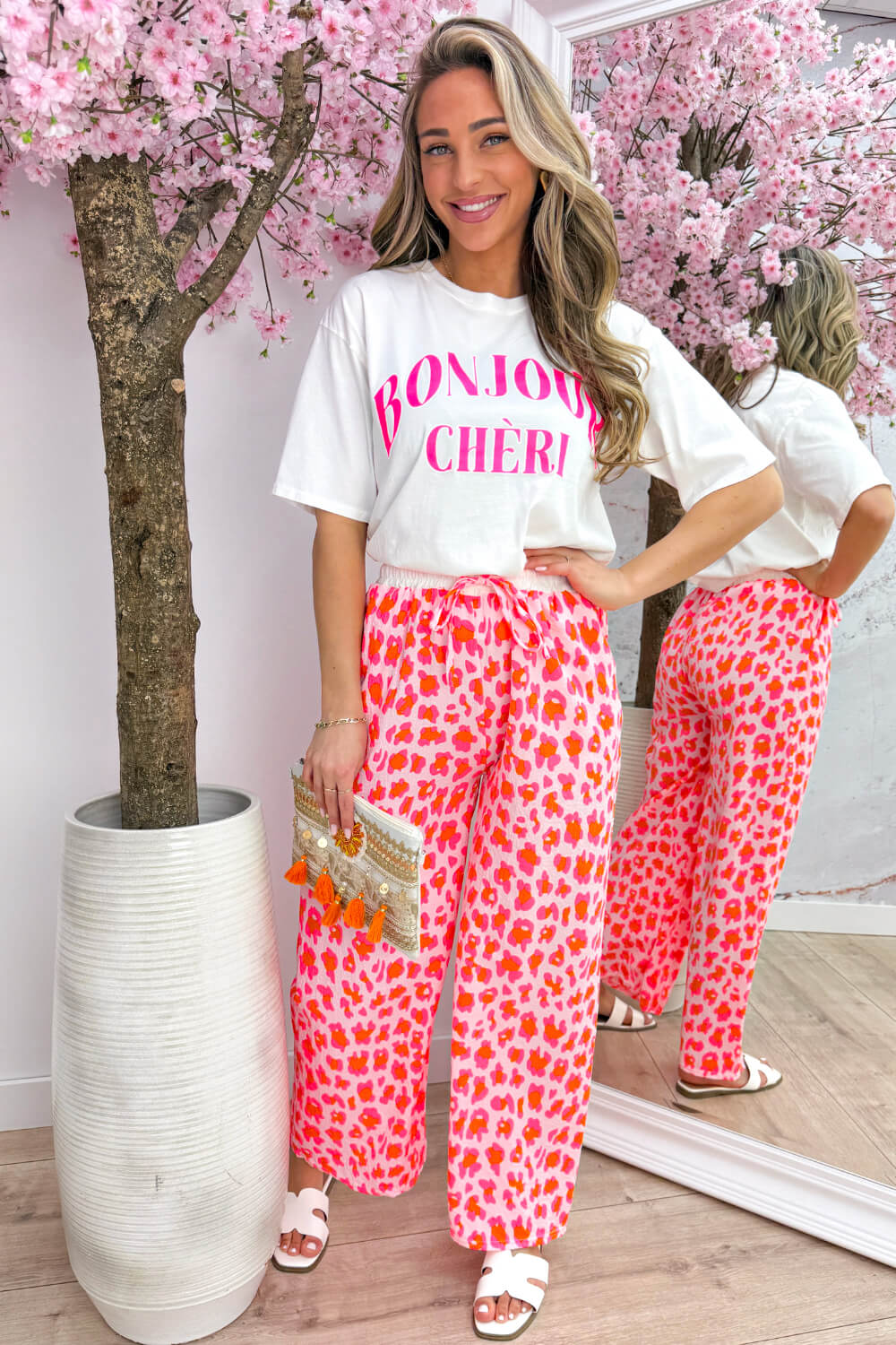 Multi color leopard flowy pants - Fuchsia - Image 3