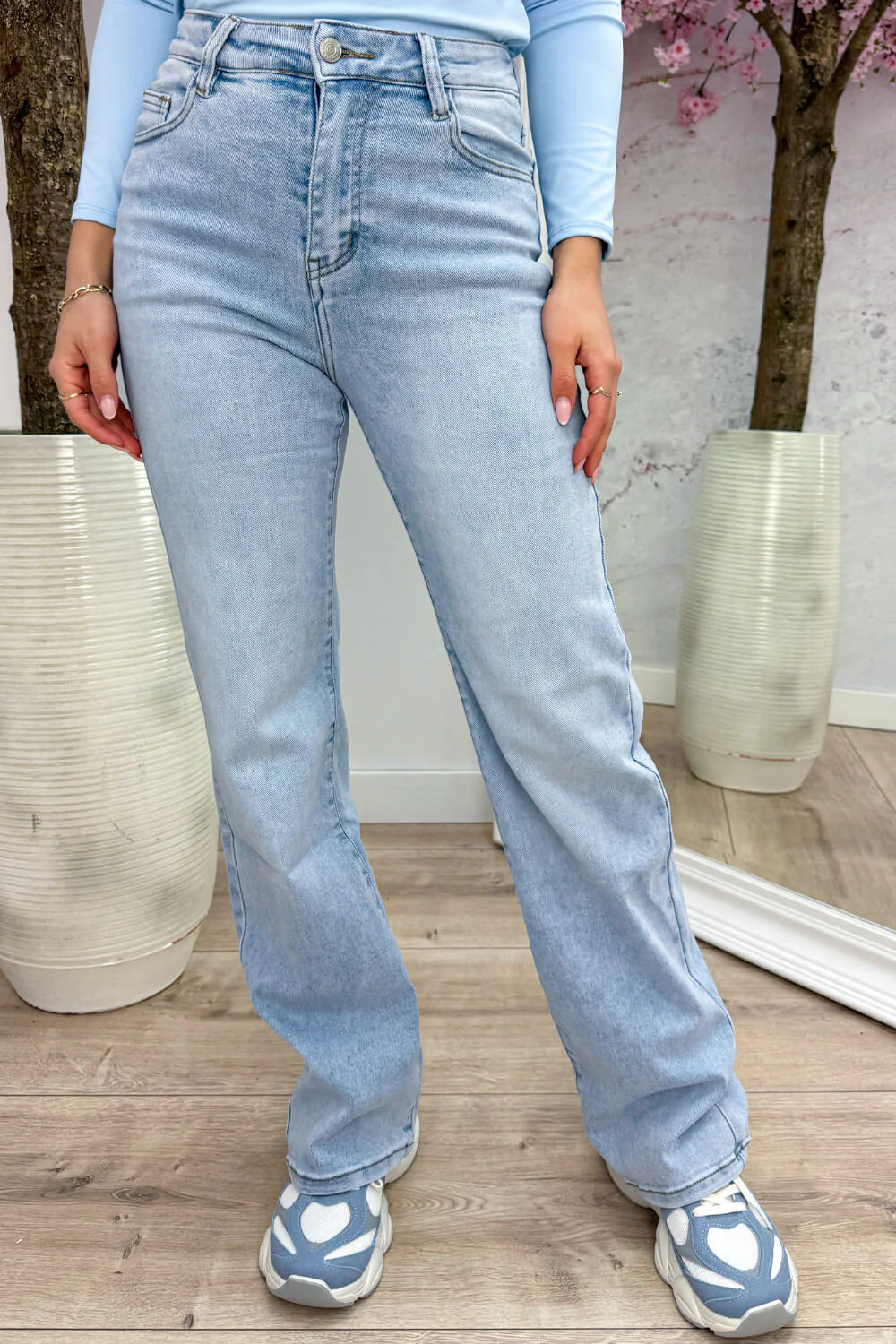 Popular leopard diamond straight leg jeans - Sky blue - Image 2