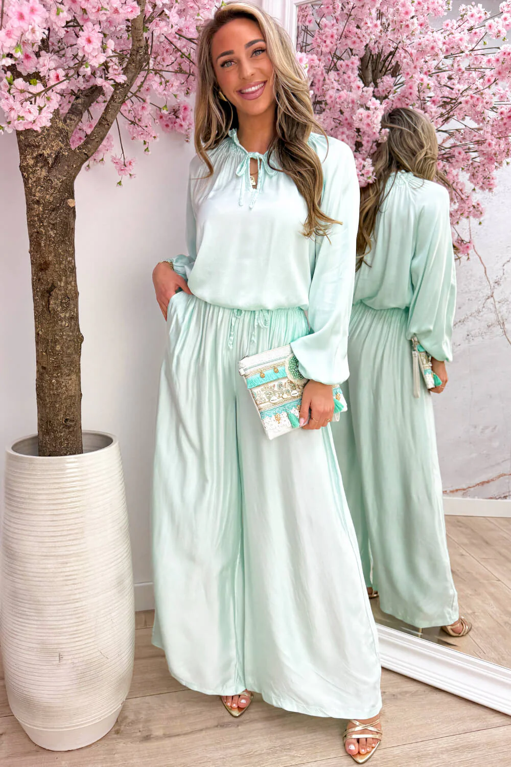 Silky bow topje - Mint - Image 2