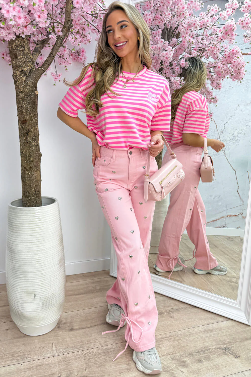 Silver hearts bow jeans - Roze - Image 4