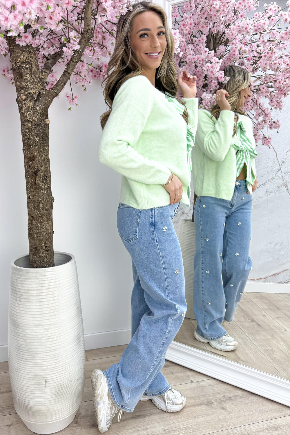 Soft stripe bow trui - Mint - Image 4