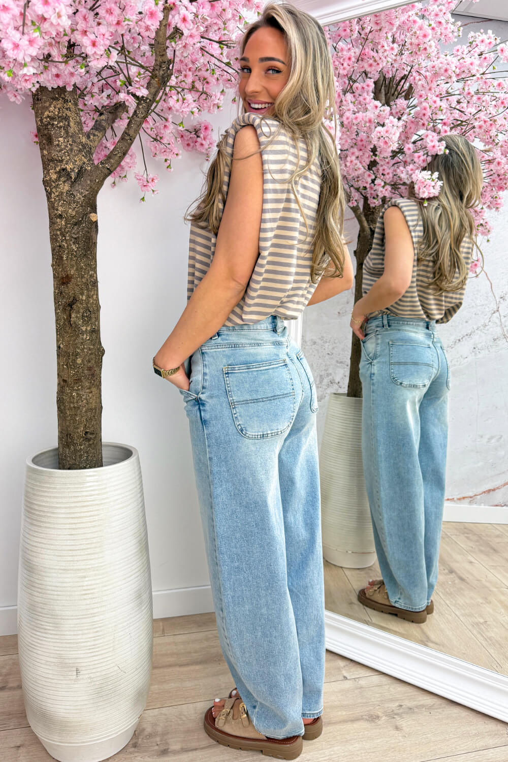 Statement stripe topje - Beige - Image 4