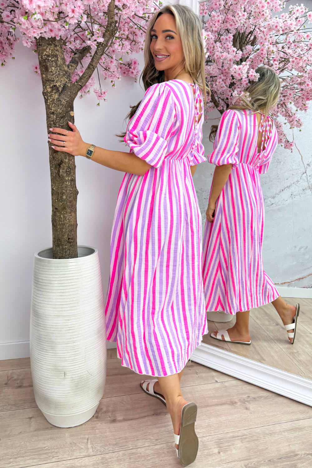 Sunny stripes cotton dress - Lila - Image 4
