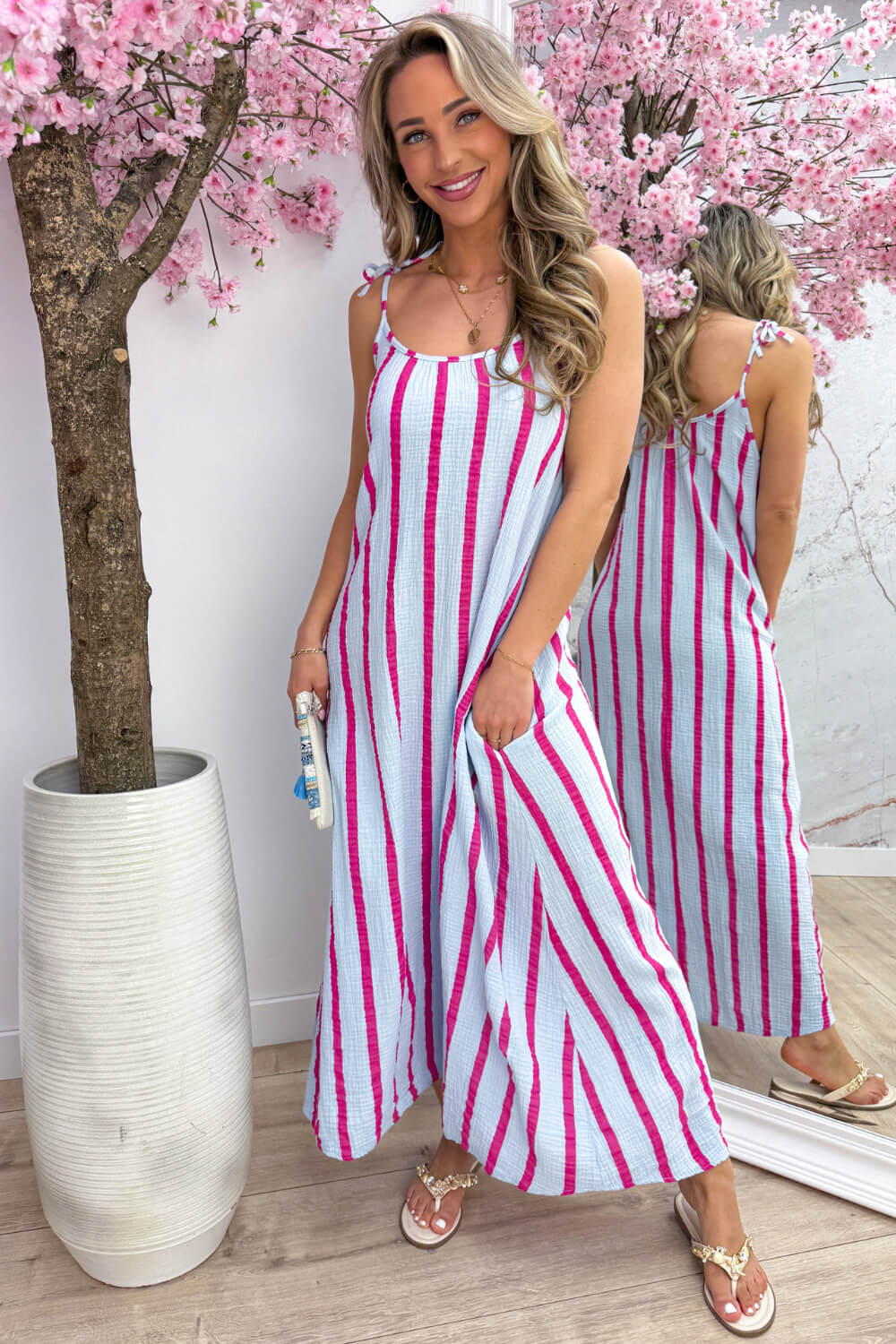 Sunshine stripes cotton maxi dress - Sky blue - Image 11